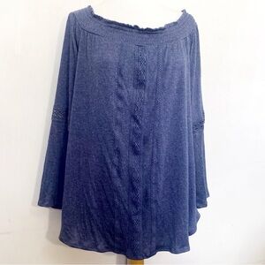 French Laundry Gauzy Boho Lace Trim On/Off Shoulder Blue Bell Sleeve Blouse 2X